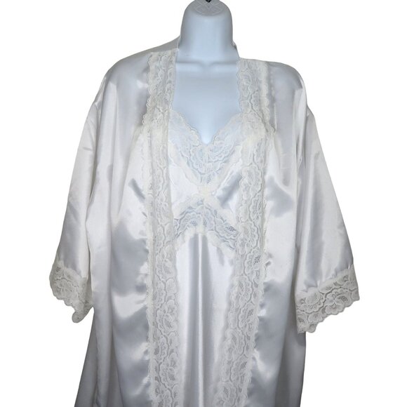 Vintage 80s White Lace Satin Slip Nightgown Robe Peignoir Set Wedding Honeymoon - Picture 2 of 16